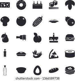 Solid vector icon set - sausage flat vector, cheese, bread, canned food, spaghetti on a fork, hamburger, pizza, mushroom, cake, donut, soup, pie, hot peppers, cucumber, fish rolls, lemonade, plum