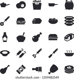 Solid vector icon set - saute flat vector, kitchen spatula, spoon, whisk, flour, plates, spaghetti, ham, ketchup, sausage, on a fork, hamburger, dish, salad, soup, porridge, chicken, shashlik