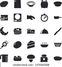 Solid vector icon set - saute flat vector, cake, weighing machine, meashuring cup, colander, spring balance, potholder, stopwatch, knives, cutting board, toaster, coffee, food processor, flour, dish