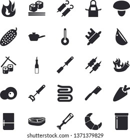 Solid vector icon set - saute flat vector, apron, kitchen spatula, whisk, towel, knives, rolling pin, fire, blender, fridge, temperature, mushroom, chop, sauce, carrot, croissant, shashlik, garlic