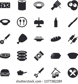 Solid vector icon set - saute flat vector, kitchen spoon, whisk, knives, table setting, plates, spaghetti, chop, sausage, cheese, bread, canned food, on a fork, hamburger, dish, soup, ham, shashlik