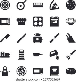 Solid vector icon set - saute flat vector, teflon, cook hat, apron, kitchen spatula, whisk, knives, electric stove, induction cooker, microwave, toaster, mixer, cookbook, spice, food processor, dish