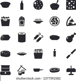 Solid vector icon set - saute flat vector, kitchen spatula, double boiler, sausage, cheese, canned food, spaghetti, pizza, soup, porridge, chicken, chop, shashlik, cutlet, French fries, fish rolls