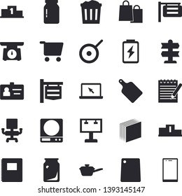 Solid vector icon set - saute flat vector, teflon, weighing machine, cutting board, glass jar, battery, bottles, grocery trolley, signboard, billboard, bags, badge, office chair, sticker, laptop
