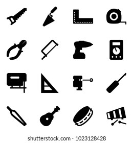 Solid vector icon set - saw vector, trowel, corner ruler, measuring tape, side cutters, metal hacksaw, drill, multimeter, jig, laser lever, awl, forceps, guitar, tambourine, xylophone