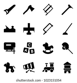 Solid vector icon set - saw vector, axe, bucksaw, mason hammer, jointer, milling cutter, metal hacksaw, hoe, jig, abc cube, rocking horse, stick toy, wheel, xylophone, train, block house