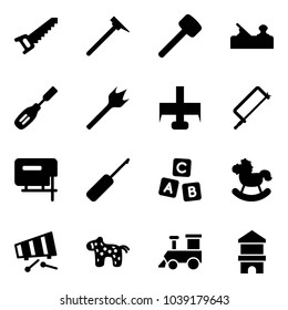 Solid vector icon set - saw vector, mason hammer, rubber, jointer, chisel, wood drill, milling cutter, metal hacksaw, jig, awl, abc cube, rocking horse, xylophone, toy, train, block house