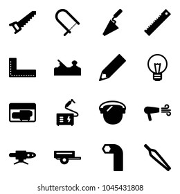 Solid vector icon set - saw vector, fretsaw, trowel, ruler, corner, jointer, pencil, bulb, generator, welding, protect glass, dryer, pipe, trailer, allen key, forceps