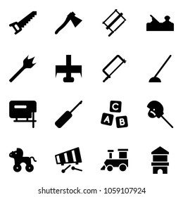 Solid vector icon set - saw vector, axe, bucksaw, jointer, wood drill, milling cutter, metal hacksaw, hoe, jig, awl, abc cube, horse stick toy, wheel, xylophone, train, block house