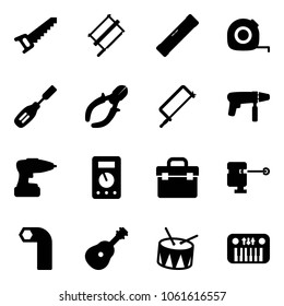 Solid vector icon set - saw vector, bucksaw, level, measuring tape, chisel, side cutters, metal hacksaw, drill machine, multimeter, tool box, laser lever, allen key, guitar, drum, toy piano