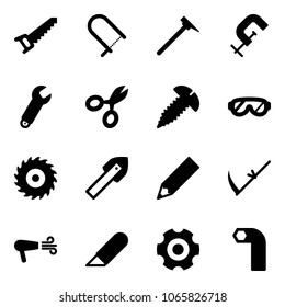 Solid vector icon set - saw vector, fretsaw, mason hammer, clamp, wrench, scissors, screw, protective glasses, disk, tile drill, pencil, scythe, dryer, work knife, gear, allen key