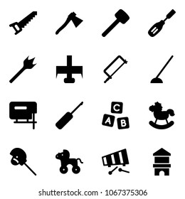 Solid vector icon set - saw vector, axe, rubber hammer, chisel, wood drill, milling cutter, metal hacksaw, hoe, jig, awl, abc cube, rocking horse, stick toy, wheel, xylophone, block house