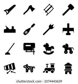 Solid vector icon set - saw vector, axe, bucksaw, rubber hammer, jointer, chisel, wood drill, milling cutter, hoe, jig, rocking horse, wheel, xylophone, toy, train, block house