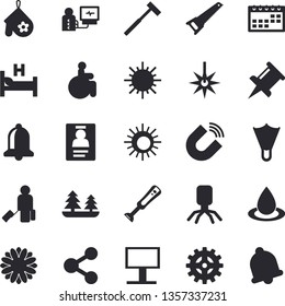 Solid vector icon set - saw flat vector, ax, potholder, blender, flower, sun, forest, cogwheel, drop, laser, magnet, billboard, molecules, disabled, virus, hospital bed, diagnostics, calendar, badge