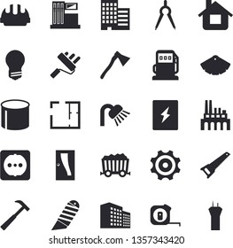 Solid vector icon set - saw flat vector, tape measure, color scheme, paint roller, shower, house layout, Entrance door, sockets, energy saving lamp, skyscraper, hard hat, switch box, ax, hammer