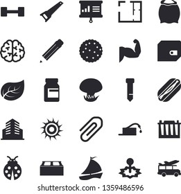 Solid vector icon set - saw flat vector, house layout, brick, flour, hot dog, biscuit, mushroom, ladybird, hose, tree leaf, accumulator, laser, purse, sailboat, clip, office building, tie, pencil