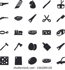 Solid vector icon set - saw flat vector, stationery knife, ax, knives, scissors, cutting board, food processor, egg, chop, lemon, cheese, sashimi, pear, secateurs, lawn mower