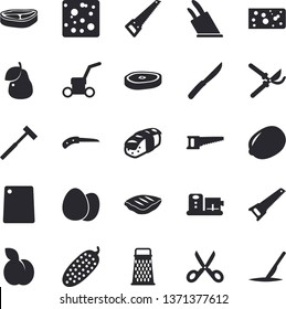 Solid vector icon set - saw flat vector, ax, knives, scissors, cutting board, food processor, egg, grater, chop, lemon, cheese, cucumber, sashimi, plum, pear, knife, secateurs, lawn mower, scalpel