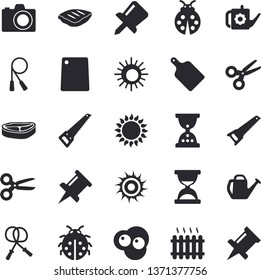 Solid vector icon set - saw flat vector, cutting board, gas, chop, scrambled eggs, ladybird, watering can, radiator, drawing pin, skipping rope, sun fector, camera, scissors, hourglass