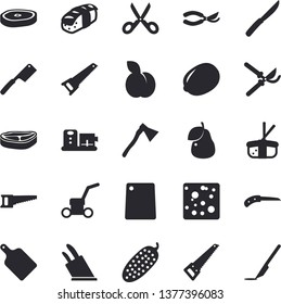 Solid vector icon set - saw flat vector, ax, knives, scissors, cutting board, food processor, chop, lemon, cheese, cucumber, sashimi, plum, pear, knife, secateurs, lawn mower, scalpel
