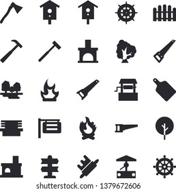 Solid vector icon set - saw flat vector, ax, hammer, rolling pin, cutting board, well, nesting box, tree, fence, bonfire, bench, fireplace, forest, signboard, pointer fector, steering wheel