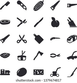 Solid vector icon set - saw flat vector, stationery knife, ax, knives, scissors, cutting board, food processor, lemon, cheese, chop, cucumber, sashimi, plum, secateurs, lawn mower, scalpel