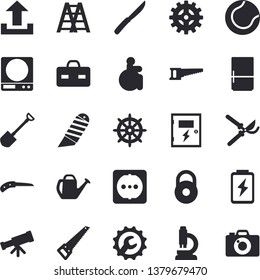 Solid vector icon set - saw flat vector, ladder, sockets, switch box, repair, stationery knife, weighing machine, knives, fridge, shovel, secateurs, watering can, battery, cogwheel, disabled, weight