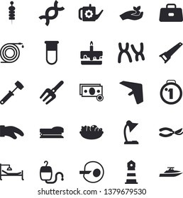 Solid Vector Icon Set - Saw Flat Vector, Potholder, Meat Hammer, Cake, Salad, Canape, Pitchfork, Hose, Secateurs, Seedlings, Watering Can, Lighthouse, Cash, Blood Transfusion, Test, Briefcase, DNA