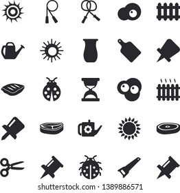 Solid vector icon set - saw flat vector, cutting board, gas, jugful, chop, scrambled eggs, ladybird, watering can, radiator, drawing pin, skipping rope, sun fector, scissors, hourglass