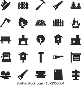 Solid vector icon set - saw flat vector, flooring, ax, hammer, rolling pin, cutting board, well, nesting box, tree, fence, bonfire, bench, fireplace, forest, signboard, pointer fector