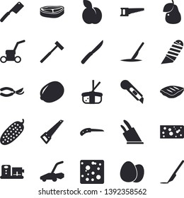 Solid vector icon set - saw flat vector, stationery knife, ax, knives, food processor, egg, chop, lemon, cheese, cucumber, sashimi, plum, pear, secateurs, lawn mower, scalpel