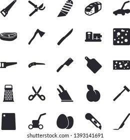 Solid vector icon set - saw flat vector, stationery knife, ax, knives, scissors, cutting board, food processor, egg, grater, chop, cheese, sashimi, plum, secateurs, lawn mower, scalpel