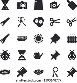Solid vector icon set - saw flat vector, cutting board, gas, chop, scrambled eggs, ladybird, watering can, radiator, drawing pin, skipping rope, camera fector, scissors, hourglass