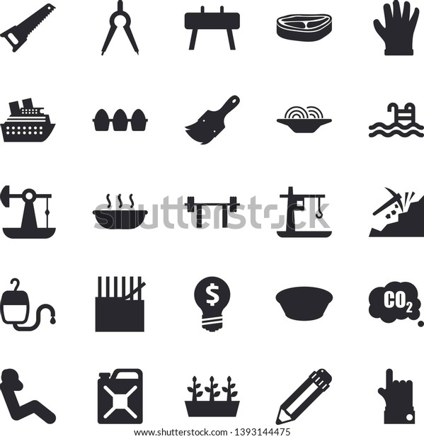 Solid vector icon set - saw flat vector,\
paint brush, chop, egg, spaghetti, soup, seedlings, gloves, oil\
pumping, fabric manufacture, canister, crane, carbon dioxide,\
dividers, mining, idea,\
pencil