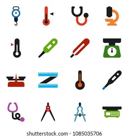 solid vector icon set - scales vector, thermometer, drawing compass, measuring, stethoscope, microscope, store
