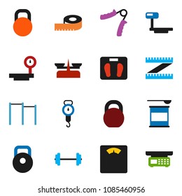 solid vector icon set - scales vector, barbell, measuring, weight, hand trainer, horizontal bar, sports nutrition, big, store