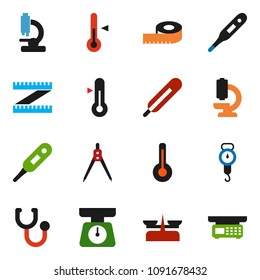 solid vector icon set - scales vector, thermometer, drawing compass, measuring, stethoscope, microscope, store