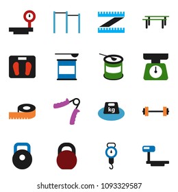 solid vector icon set - scales vector, barbell, measuring, weight, hand trainer, horizontal bar, sports nutrition, big