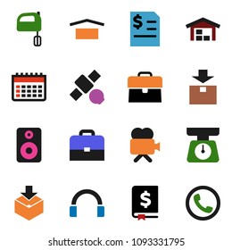 solid vector icon set - scales vector, mixer, case, annual report, calendar, satellite, dry cargo, package, video camera, headphones, speaker, barn, phone
