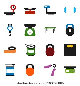 solid vector icon set - scales vector, barbell, measuring, weight, hand trainer, horizontal bar, sports nutrition, big, store