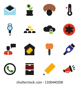 solid vector icon set - scales vector, thermometer, mushroom, pencil, gold ingot, speaking man, mail, hdmi, ambulance star, tooth implant, cloud lock, smart home, flower in pot, phone, loudspeaker