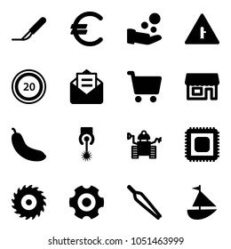 Solid vector icon set - scalpel vector, euro, cash pay, intersection road sign, speed limit 20, opened mail, cart, store, banana, laser, robot, cpu, saw disk, gear, forceps, sailboat toy