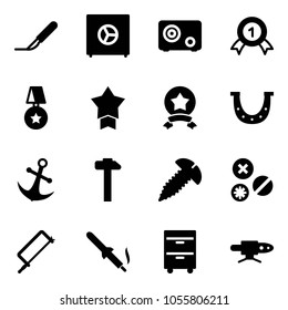 Solid vector icon set - scalpel vector, safe, gold medal, star, luck, anchor, hammer, screw, rivet, metal hacksaw, soldering iron, tool cabinet, pipe welding