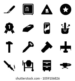 Solid vector icon set - scalpel vector, safe, Road narrows sign, star medal, gold, drink, casting of steel, hammer, screw, bolt, milling cutter, soldering iron, cocncrete mixer, tool cabinet
