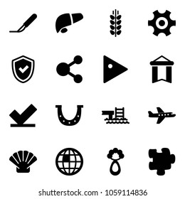 Solid vector icon set - scalpel vector, liver, spica, gear, shield check, share, play, pennant, luck, pool, plane, shell, globe, beanbag, puzzle