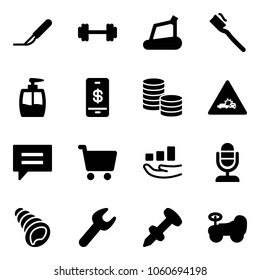 Solid Vector Icon Set - Scalpel Vector, Barbell, Treadmill, Tooth Brush, Liquid Soap, Mobile Payment, Coin, Car Crash Road Sign, Chat, Cart, Growth, Microphone, Shell, Wrench, Nail Dowel, Baby