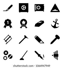 Solid vector icon set - scalpel vector, safe, artificial unevenness road sign, gold medal, star, anchor, bucksaw, mason hammer, work knife, nail, rivet, hoe, soldering iron, allen key set