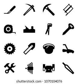 Solid vector icon set - scalpel vector, job, rock axe, bucksaw, measuring tape, jointer, plumber, screw, saw disk, tile drill, protect glass, lawn mower, wrench hammer, allen key set, sharpening