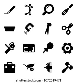 Solid vector icon set - scalpel vector, bezier, magnifier, chisel, basin, clamp, plumber, scissors, Angular grinder, generator, oiler, gear, tool box, wheelbarrow, allen key set, toy hammer