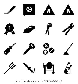 Solid vector icon set - scalpel vector, safe, Road narrows sign, gold medal, plumber, bolt cutter, screwdriver, screw, rivet, hoe, farm fork, soldering iron, cocncrete mixer, winch